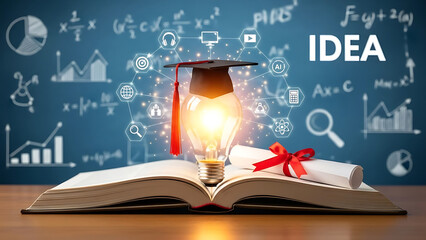Graduation Cap Over Book with Lightbulb Idea in Classroom Environment