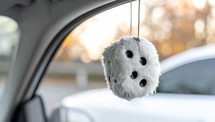 A fuzzy white die hangs inside a car, glowing softly against a snowy mountain landscape through the window.