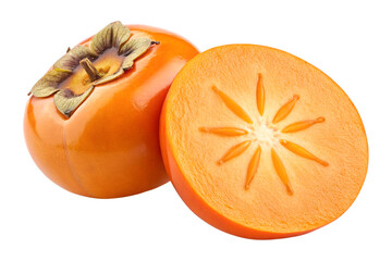 Whole and Halved Persimmon Fruit with Star-Shaped Flesh Isolated on White Background