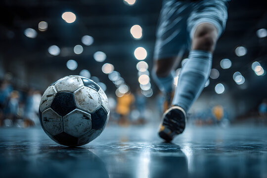 Football futsal player, ball, futsal floor. Sports background. Indoor soccer sports hall. Youth futsal league. Indoor football players and soccer ball. Generative ai.