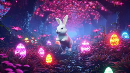 Easter Bunny hopping futuristic neon garden, glowing neon flowers bioluminescent eggs, soft mist floating, cinematic slow-motion tracking shot, colorful neon lighting, dreamy ethereal atmosphere, 4K