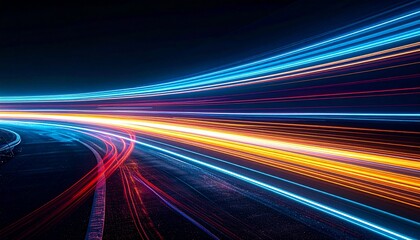 Abstract Data Stream: A dynamic visual representation of data flow, with vibrant light trails converging and diverging against a dark backdrop. Illustrating connectivity and the digital realm.