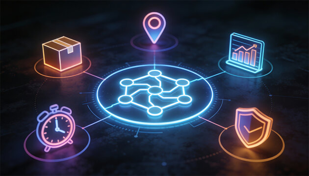 Futuristic digital logistics and supply chain management concept with glowing network nodes and icons for package shipping time tracking security protection and data analysis - Powered by Adobe