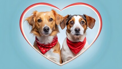 Two Dogs in Heart Frame with Red Bandanas