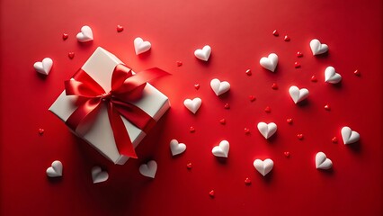 Valentines Gift Box with Hearts on Red Background