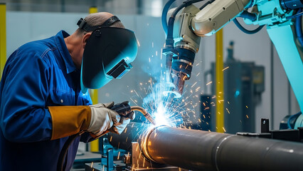 Welding Action, Technician, Industrial Workshop, Photo, Manufacturing Environment, Close-up, Precision Craftsmanship