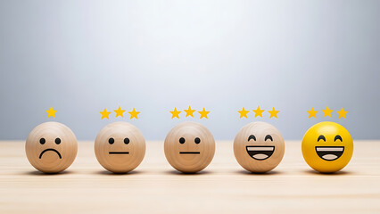 Wooden Faces Representing Happiness to Sadness in Minimalist Studio Setting