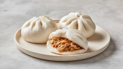 Close up of three steamed chicken bao buns on a ceramic plate showcasing texture