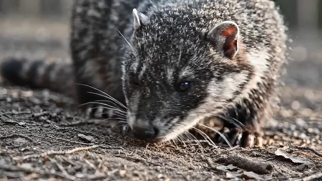 Close-up of a curious binturong exploring its natural habitat on the forest floor