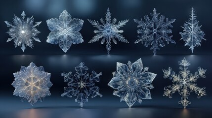 Different types of snowflakes displayed together on a dark background showing unique shapes and patterns created by nature