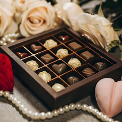 Romantic Chocolate Gift Box with Roses and Pearls