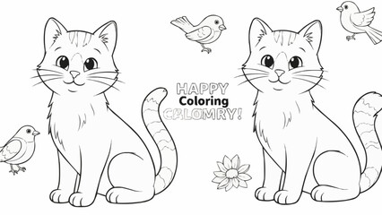 Obraz premium Cute cartoon cats and birds for coloring pages.