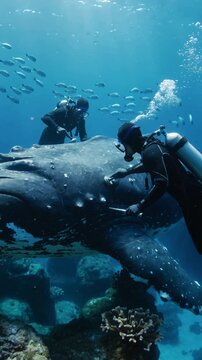 People are cleaning barnacles off whales underwater.