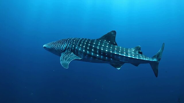 Majestic whale shark glides gracefully through deep blue ocean waters, its spotted pattern visible.