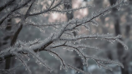 Delicate frost crystals cling to branches, a muted, icy landscape in a blurred background
