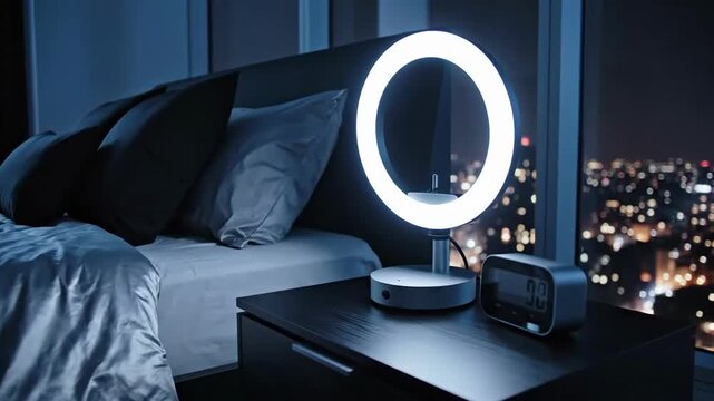Modern Bedroom Interior With Smart Lighting And Cityscape View At Night