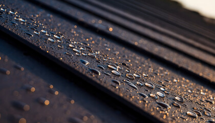 Close Up Macro View of Dark Metal Roof Tiles Covered in Sparkling Water Droplets After Rain Reflecting Golden Sunset Light Creates a Textured Abstract Background