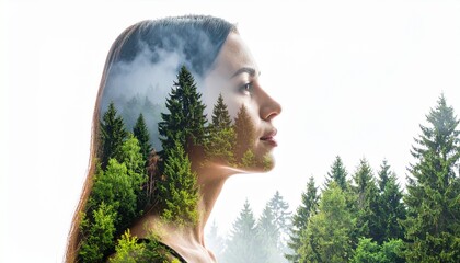 Inner Sanctuary: A young woman's silhouette merges seamlessly with a vibrant forest landscape, embodying the harmony between the human spirit and the natural world.