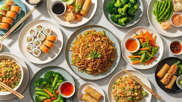 Variety of asian dishes on plates and bowls on a white table