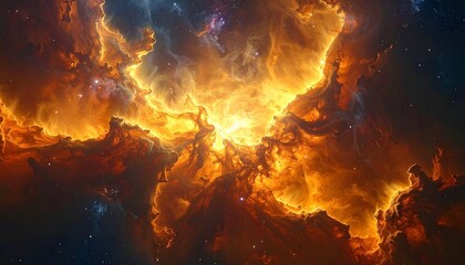 Vivid Cosmic Nebula with Swirling Gas Clouds, Central Light Source, and Starfield in Deep Space Visualization