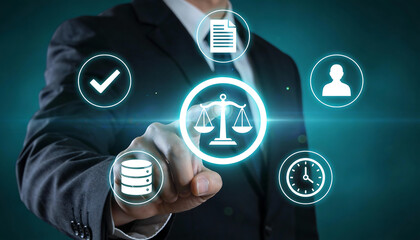 Businessman pointing at a futuristic digital law interface with glowing scales of justice check mark legal document database and clock icons for corporate compliance technology