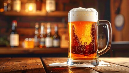 Amber Beer in Clear Glass Mug with Frothy Foam and Rising Bubbles on Wooden Surface with Dark Background
