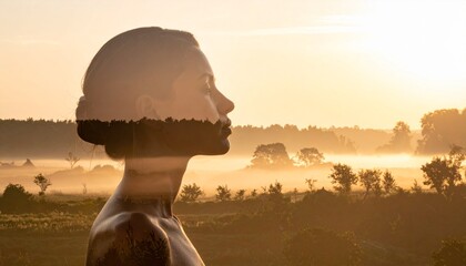 Inner Contemplation: A woman's silhouette merges seamlessly with a tranquil landscape, symbolizing inner reflection and the beauty of nature.