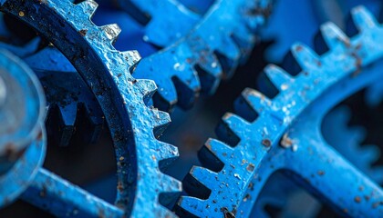 Interlocking Blue Metallic Gears with Textured Surfaces and Industrial Lighting in Mechanical Engineering Close-Up