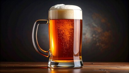 Amber Beer in Clear Glass Mug with Frothy Foam and Rising Bubbles on Wooden Surface with Dark Background