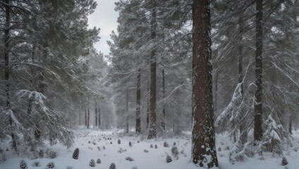Fototapeta premium Snowy forest scene, conifers covered in snow, with a muted palette and natural light