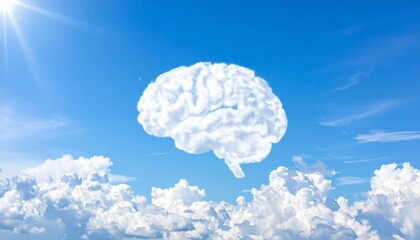 Brain in the Clouds: A whimsical cloud-shaped brain floats serenely amidst a bright, clear sky, symbolizing the boundless nature of thought, imagination, and intellect.