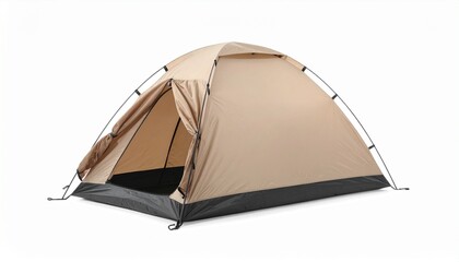 Beige Dome Tent with Guy Lines, Zippered Entrance, and Vent Window on White Background for Camping Gear Display