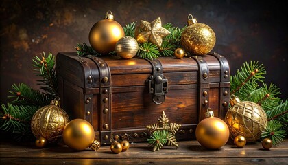 Antique-Style Treasure Chest with Golden Embellishments Surrounded by Christmas Decorations and Festive Backdrop