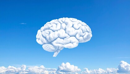 Brain in the Sky: A creative concept visualizes the power of the human mind, showcasing a brain-shaped cloud floating in a vast, cerulean expanse, capturing intelligence and cognitive thoughts.