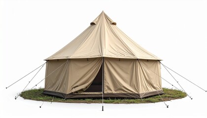 Beige Dome Tent with Guy Lines, Zippered Entrance, and Vent Window on White Background for Camping Gear Display