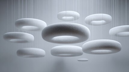 Suspended donut charts, white circular forms, floating in minimalistic space, creating modern, abstract, and serene visual effect with soft lighting and smooth texture