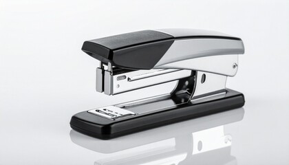 Black Desktop Stapler with Glossy Finish on Reflective Surface in Closed Position