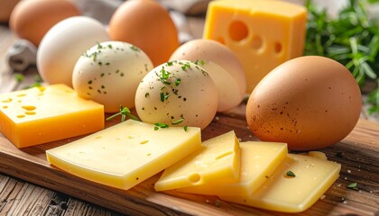 Wooden Platter with Brown and White Hard-Boiled Eggs Outdoors on Grass with Mountain Sunrise Background