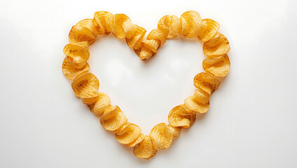 Obraz premium Heart shape formed from golden potato chips on clean background, playful snack concept expressing love, comfort food, celebration mood, and creative food styling for branding and marketing visuals.
