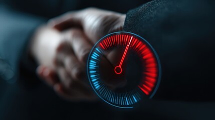 Business meeting shows two people shaking hands, digital clock indicator signals start of negotiation in office setting