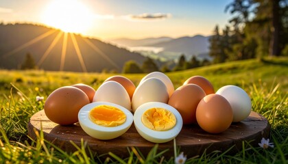 Wooden Platter with Brown and White Hard-Boiled Eggs Outdoors on Grass with Mountain Sunrise Background