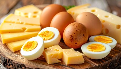 Wooden Platter with Brown and White Hard-Boiled Eggs Outdoors on Grass with Mountain Sunrise Background