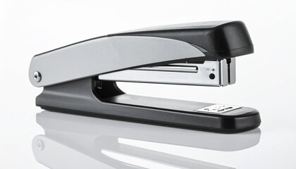 Black Desktop Stapler with Glossy Finish on Reflective Surface in Closed Position
