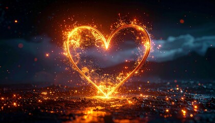 Fiery Heart of Passion: A heart-shaped outline composed of vibrant flames radiates warmth and passion against a dark, dramatic backdrop, symbolizing love and intensity.