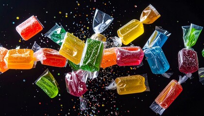 Seven Clear Bags of Colorful Round Candies Arranged in a Row Against Black Background with Sprinkles