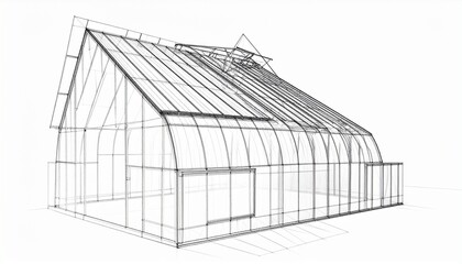 Metal-Framed Greenhouse Structure with Peaked Roof, Curved Sidewalls, and Central Doorway for Agricultural Use