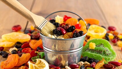 Metal Bucket Filled with Dried Fruits and Nuts on Wooden Surface with Brush and Scattered Beans