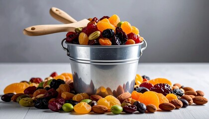 Metal Bucket Filled with Dried Fruits and Nuts on Wooden Surface with Brush and Scattered Beans