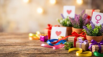 Celebrating love and friendship with gifts and flowers cozy indoor setting colorful decorations romantic vibes warm lighting special moments captured