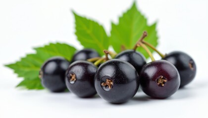 Fresh blackcurrants with green leaves on white background. Ripe berries ready for use in cooking, baking, or desserts. Healthy food for diet and nutrition.